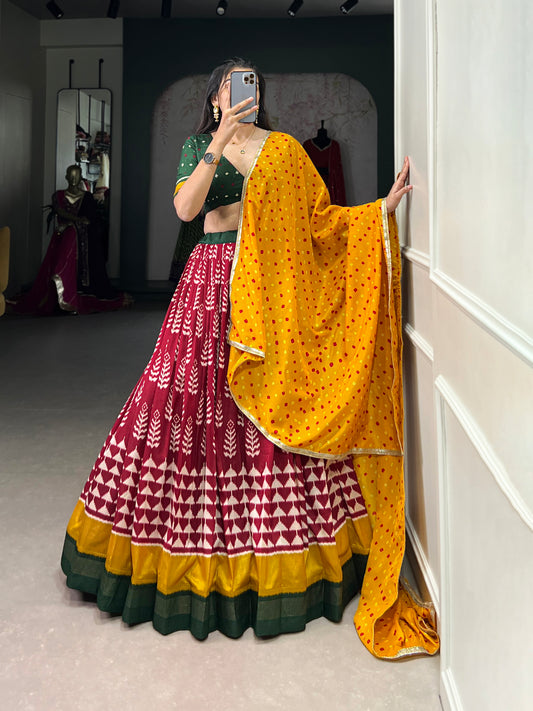 Adorned in printed Tusser silk lehenga choli