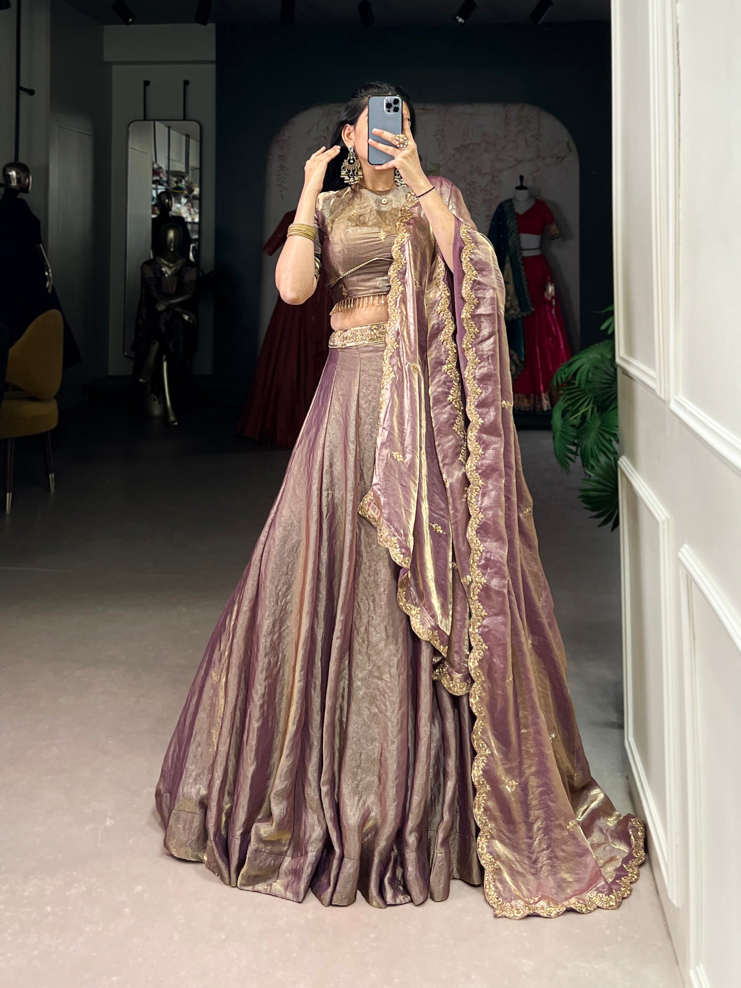 This dreamy pastel lehenga choli with gold lace is your perfect pick for an elegant festive look
