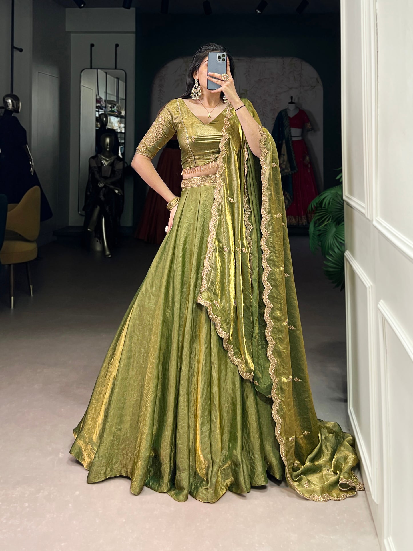 This dreamy pastel lehenga choli with gold lace is your perfect pick for an elegant festive look