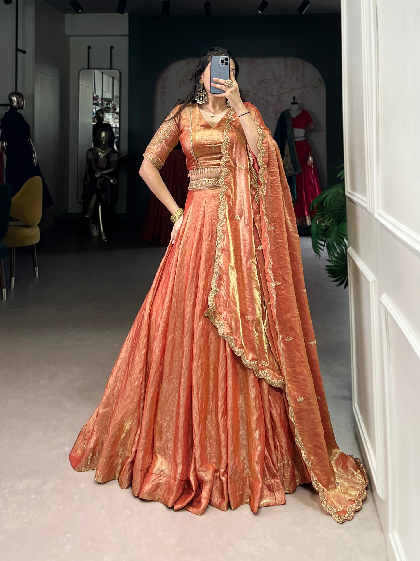 This dreamy pastel lehenga choli with gold lace is your perfect pick for an elegant festive look