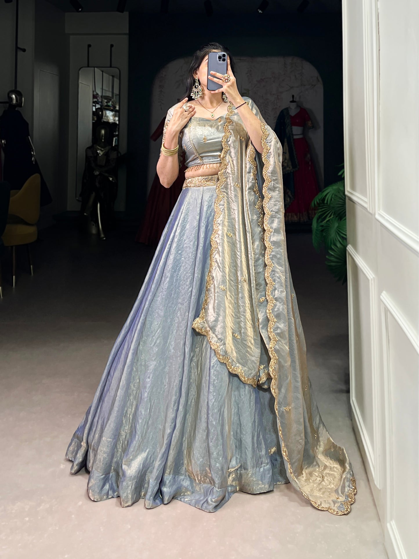 This dreamy pastel lehenga choli with gold lace is your perfect pick for an elegant festive look