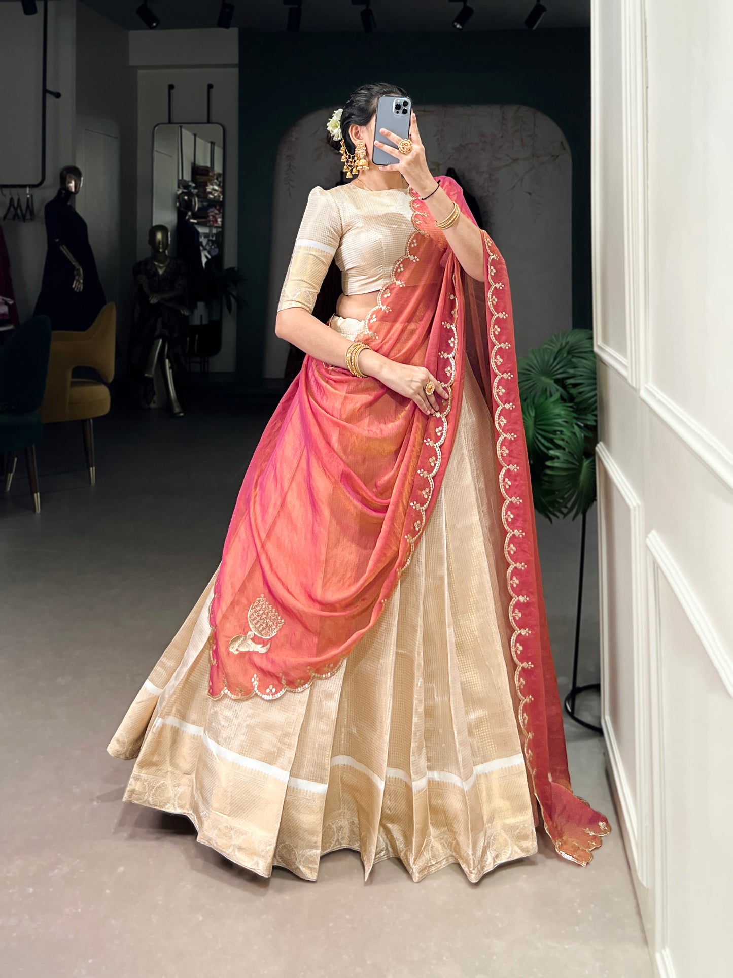 Golden Zari Weaving Work Lehenga with Zari Shimmer Dupatta