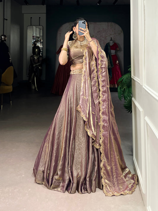 This dreamy pastel lehenga choli with gold lace is your perfect pick for an elegant festive look