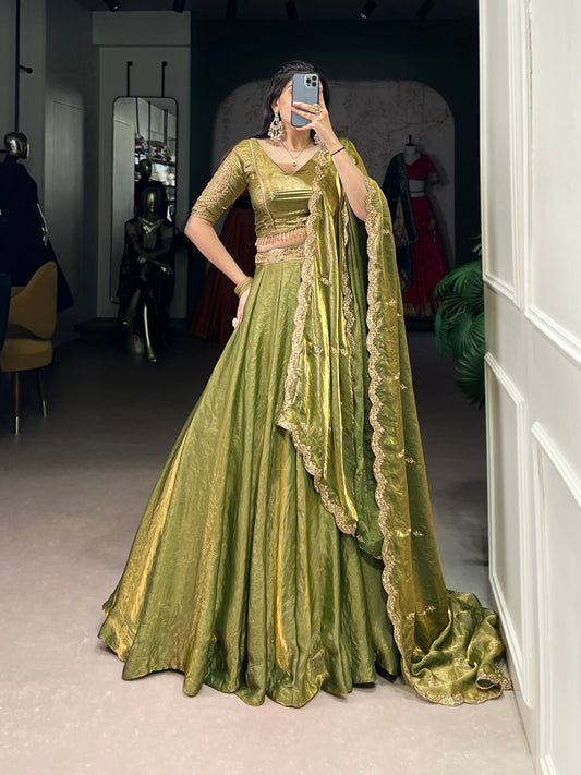 This dreamy pastel lehenga choli with gold lace is your perfect pick for an elegant festive look