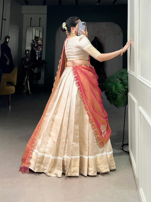 Golden Zari Weaving Work Lehenga with Zari Shimmer Dupatta