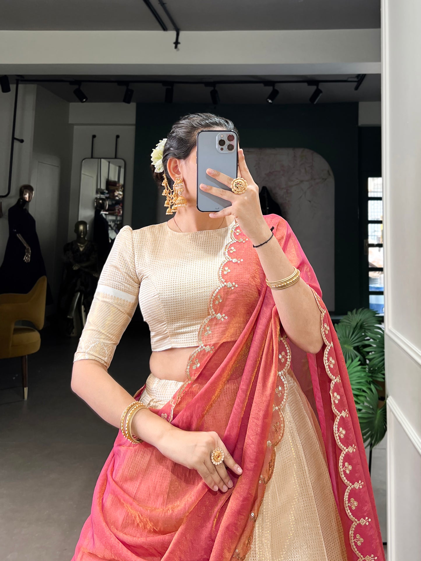 Golden Zari Weaving Work Lehenga with Zari Shimmer Dupatta