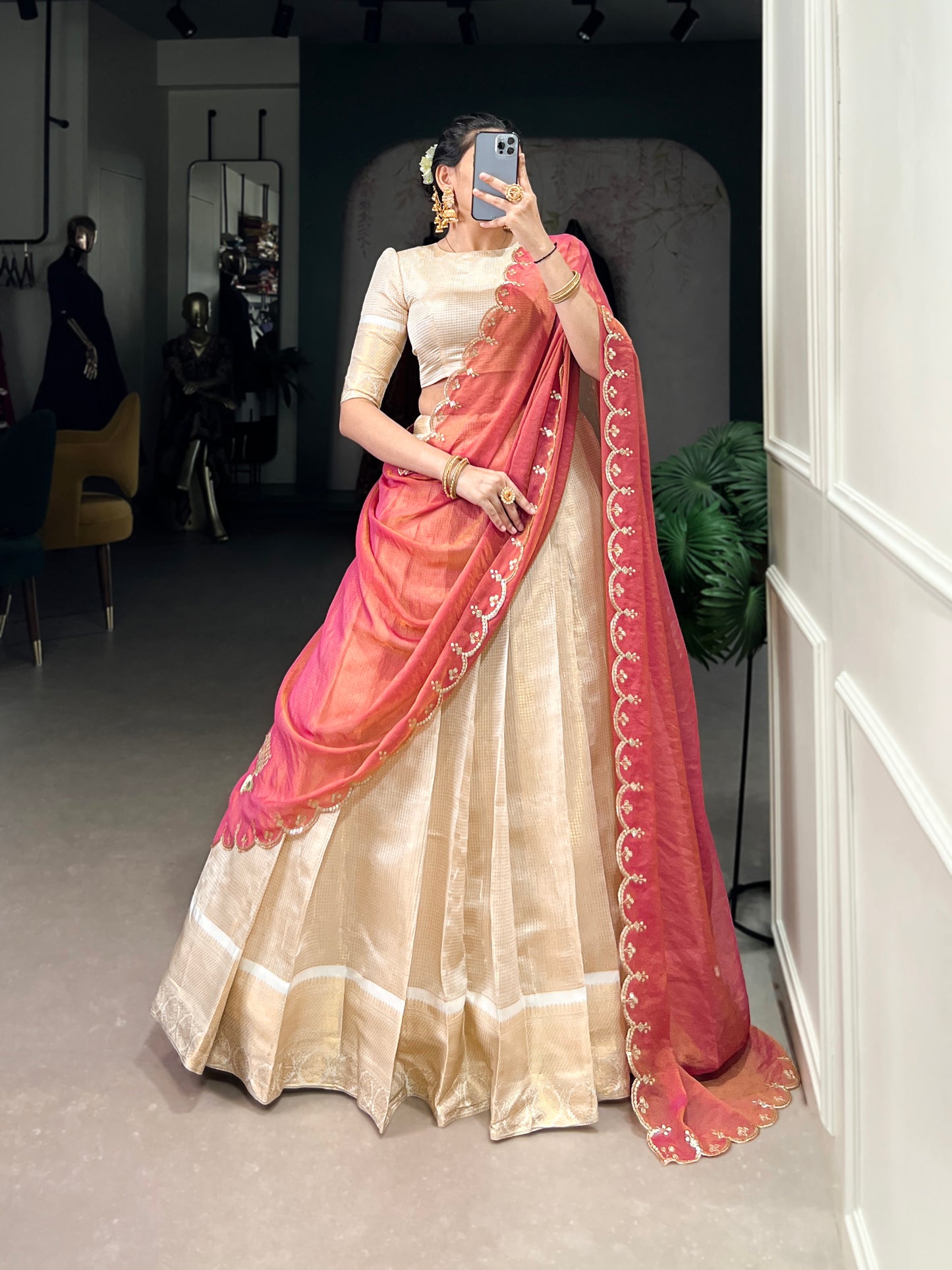 Golden Zari Weaving Work Lehenga with Zari Shimmer Dupatta