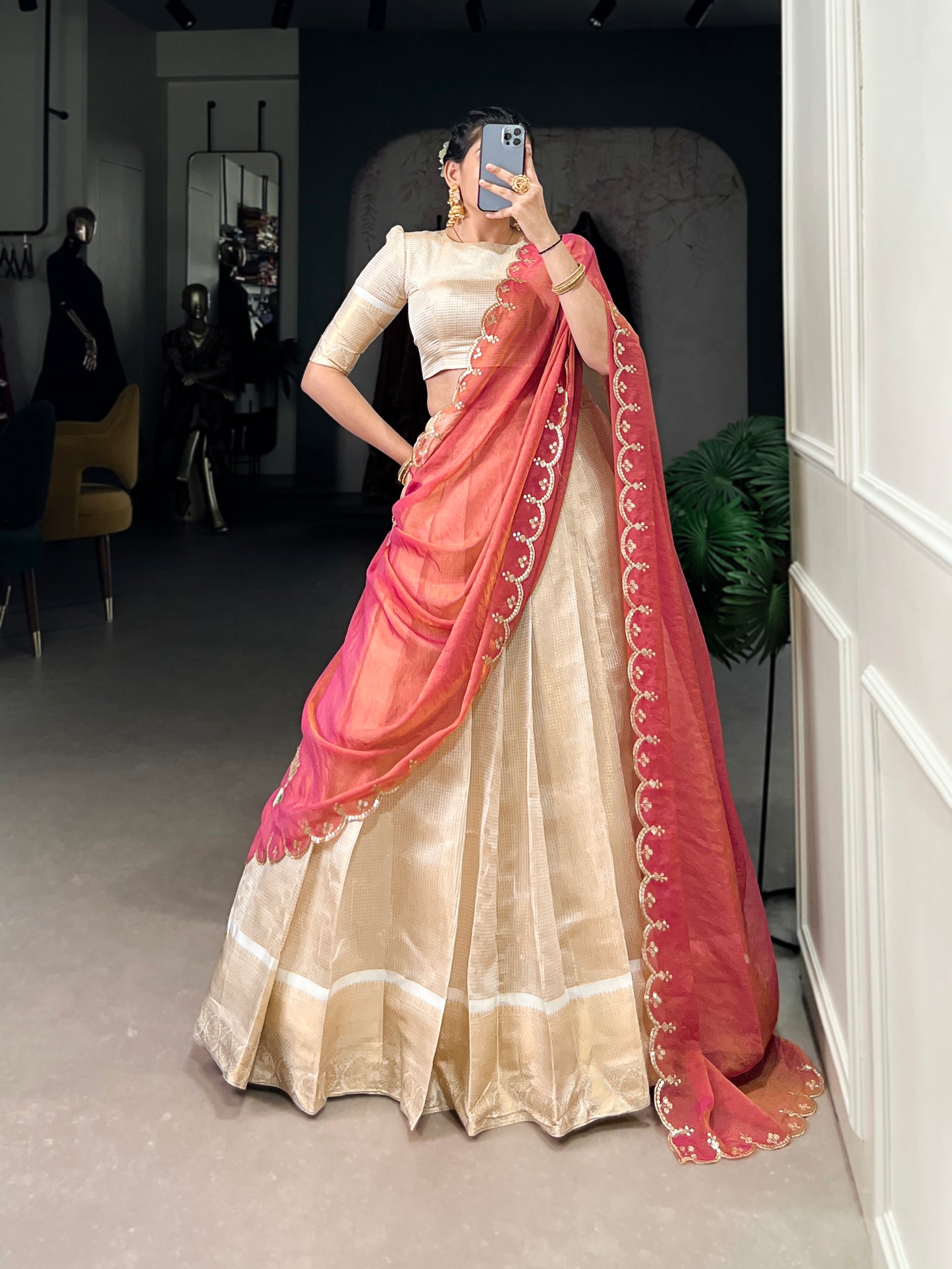 Golden Zari Weaving Work Lehenga with Zari Shimmer Dupatta