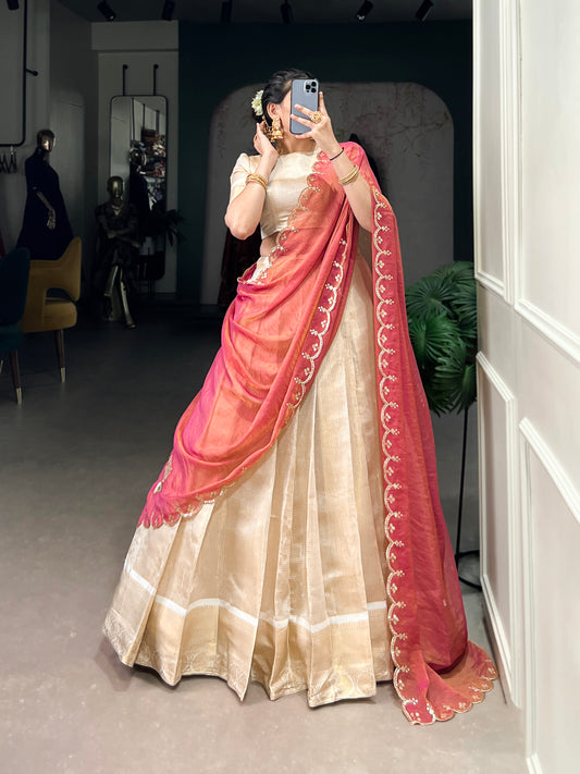 Golden Zari Weaving Work Lehenga with Zari Shimmer Dupatta