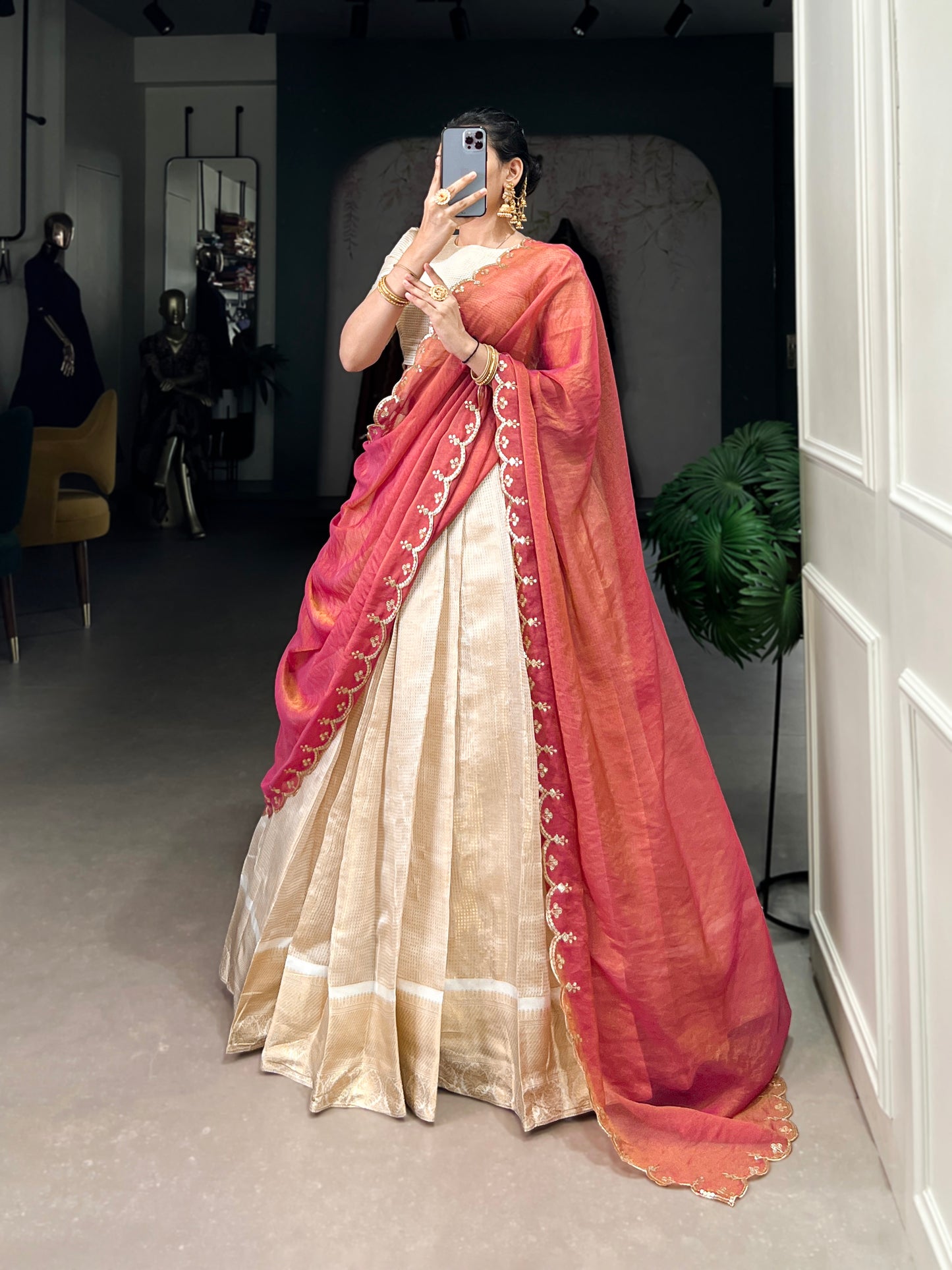 Golden Zari Weaving Work Lehenga with Zari Shimmer Dupatta